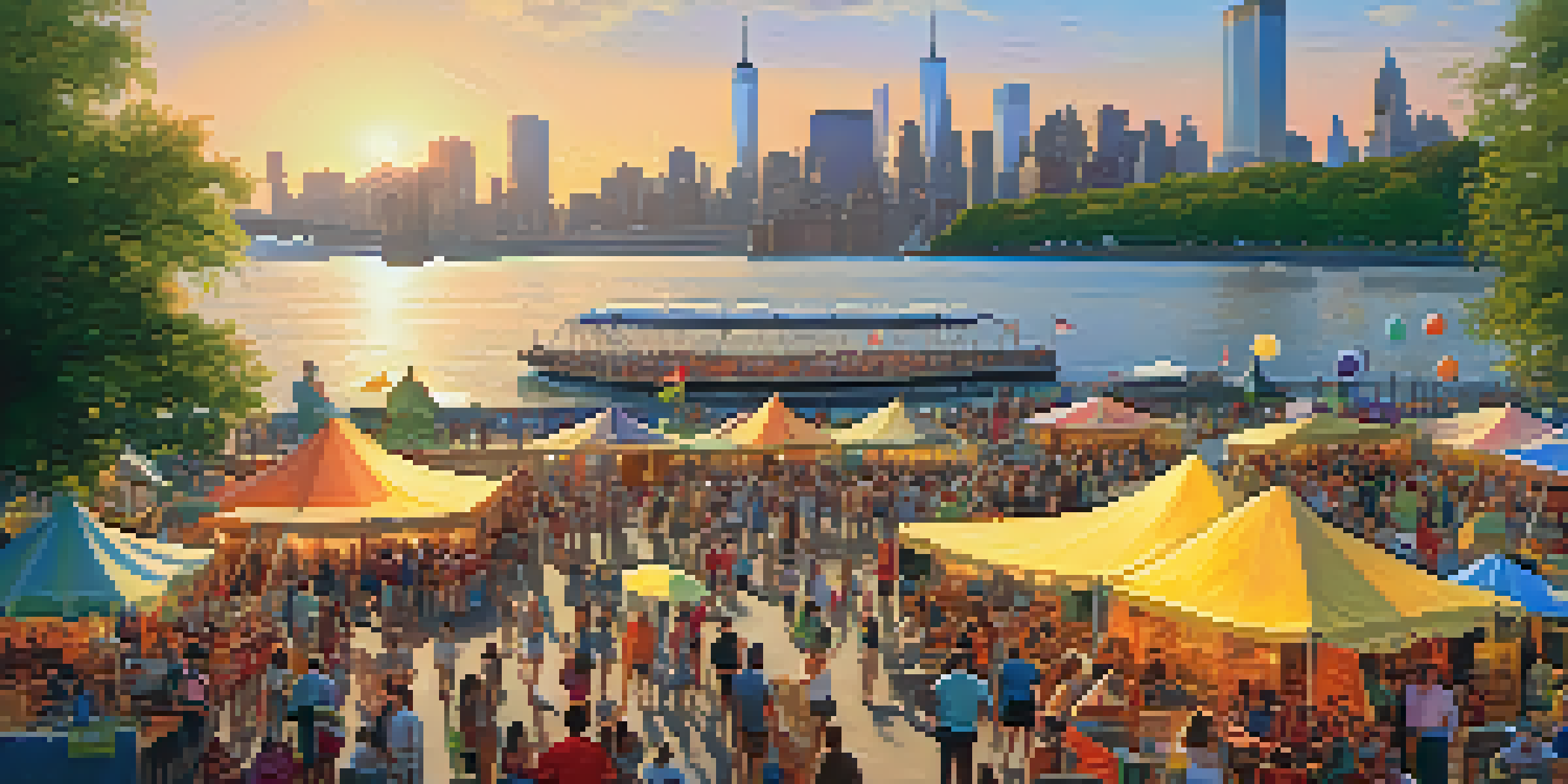 A bustling waterfront park in NYC filled with festival tents, food stalls, and people enjoying live music during sunset, with the Manhattan skyline in the background.