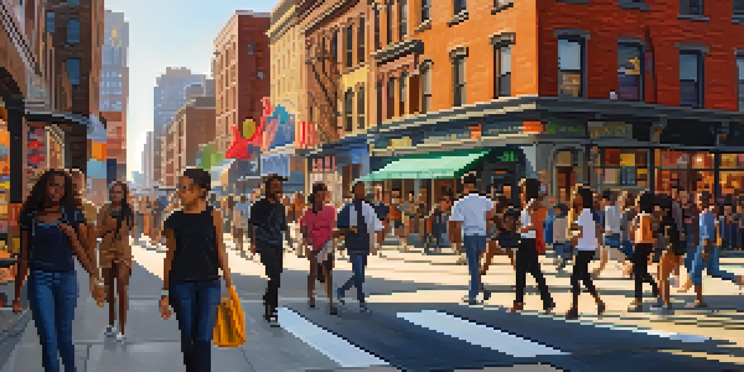 A diverse group of young people walking together on a busy New York City street, with colorful storefronts and street art around them, illuminated by warm golden hour light.