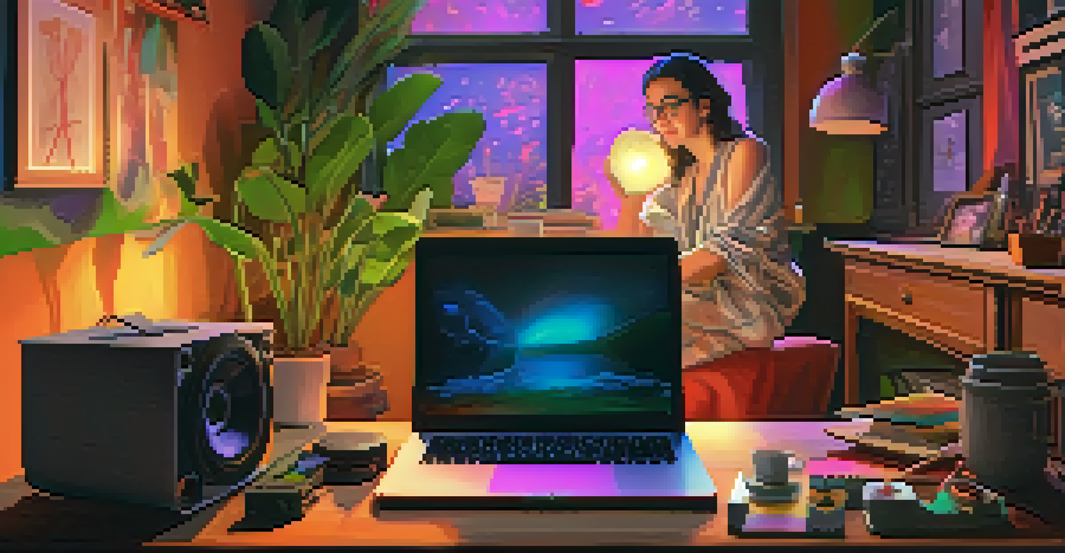 An artist performing a virtual play from their home studio, surrounded by props and colorful lighting.