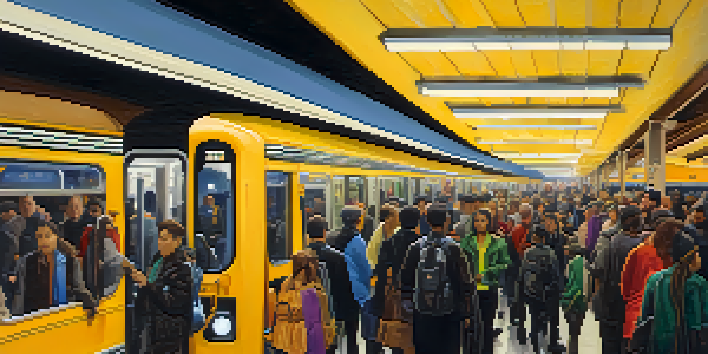 A crowded subway station in New York City with diverse commuters waiting for a train, featuring bright yellow signs and illuminated platform.