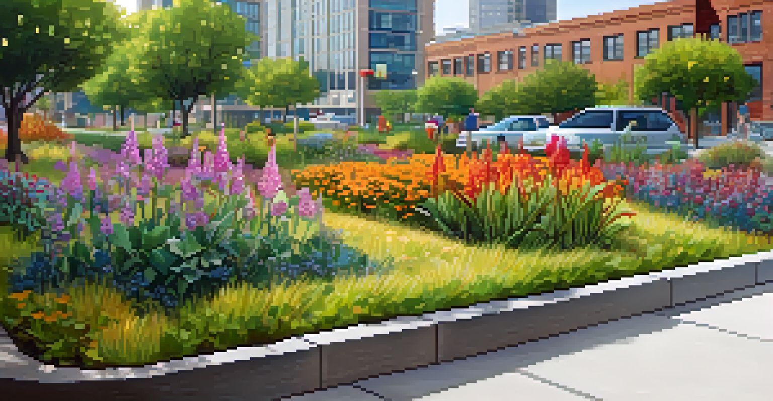 A close-up of a rain garden filled with native plants and flowers, capturing rainwater in an urban area.