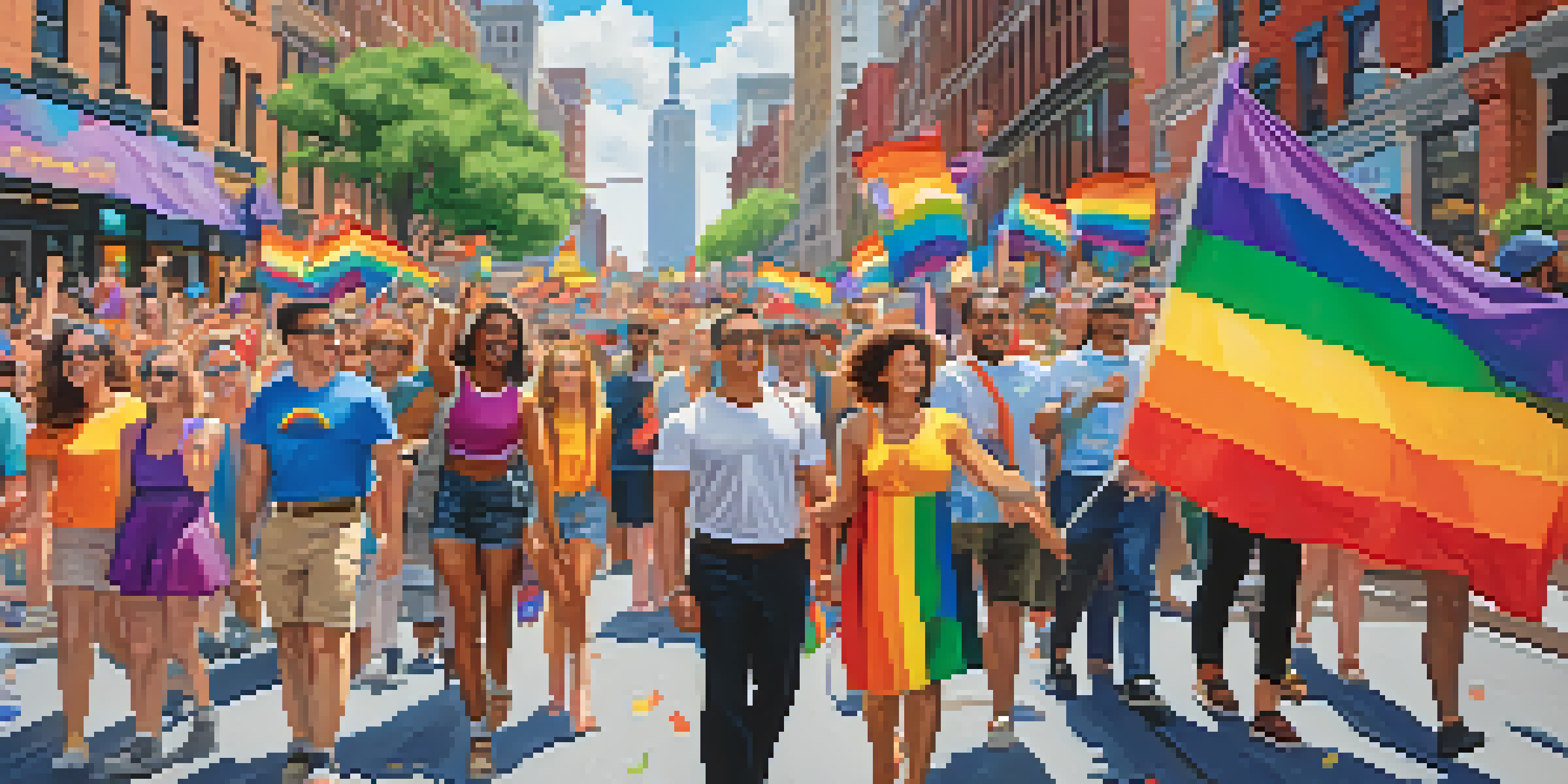 A lively street scene depicting diverse individuals celebrating Pride Month in NYC, wearing colorful outfits and surrounded by rainbow flags.