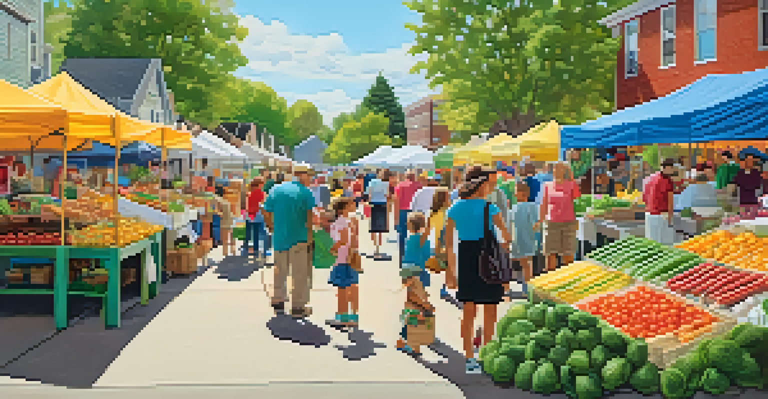 A lively farmers' market in a suburban neighborhood filled with families and vendors.