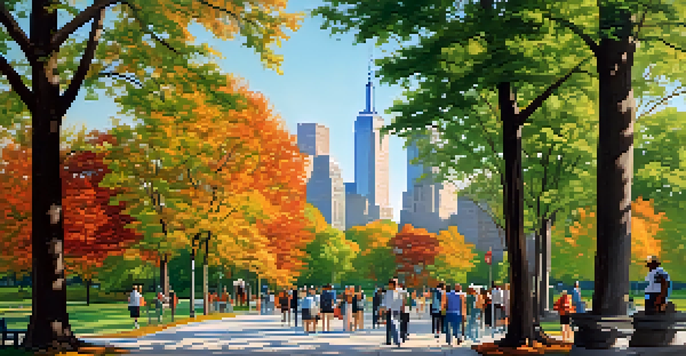 A peaceful park in New York City with colorful autumn trees and people walking, with skyscrapers in the background.