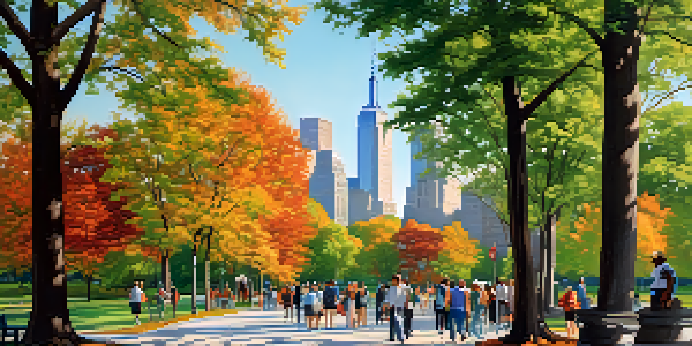 A peaceful park in New York City with colorful autumn trees and people walking, with skyscrapers in the background.