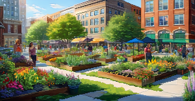 A lively community garden in a city, with diverse people engaged in gardening activities, surrounded by urban architecture and sunlight.