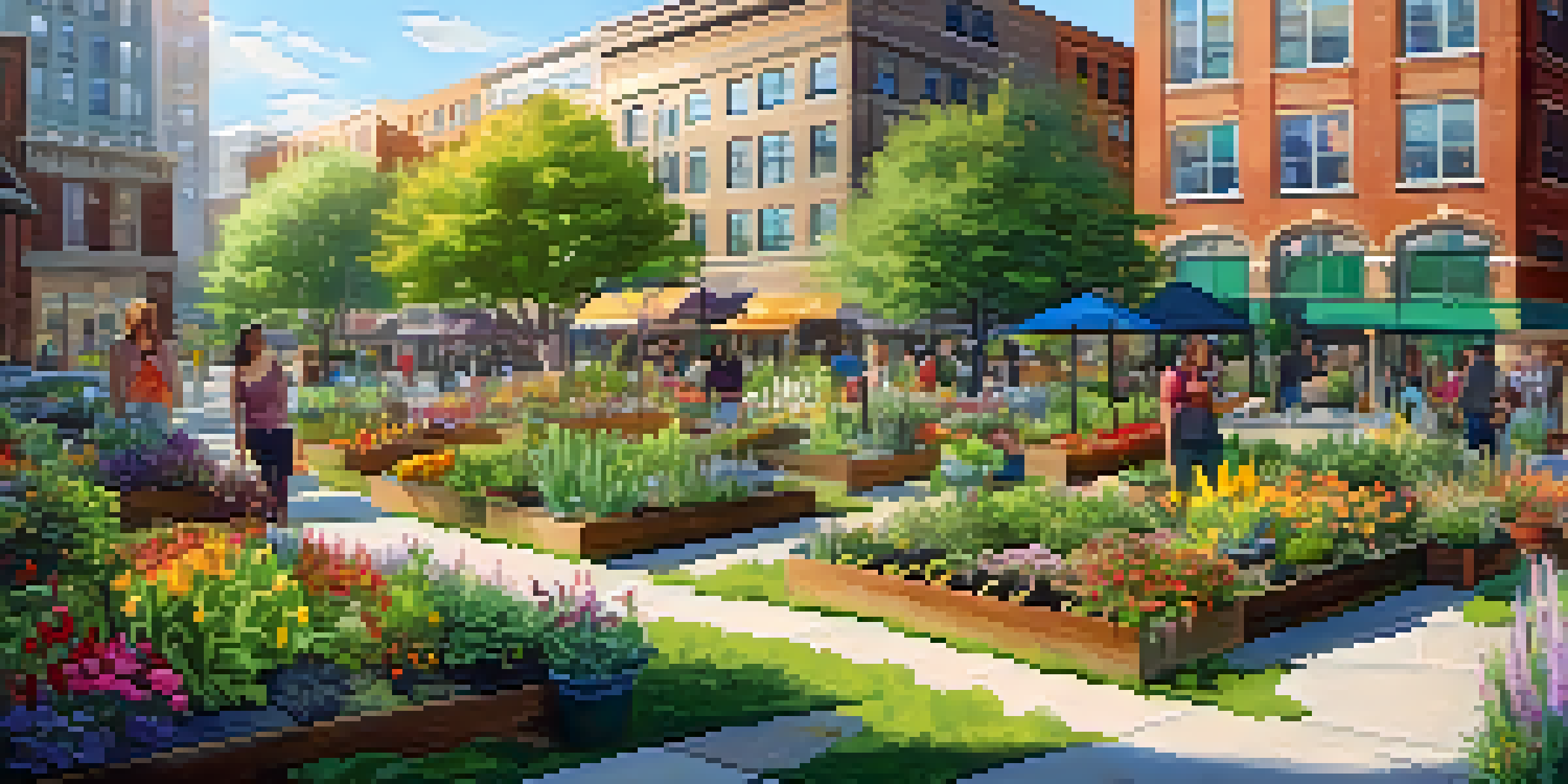 A lively community garden in a city, with diverse people engaged in gardening activities, surrounded by urban architecture and sunlight.