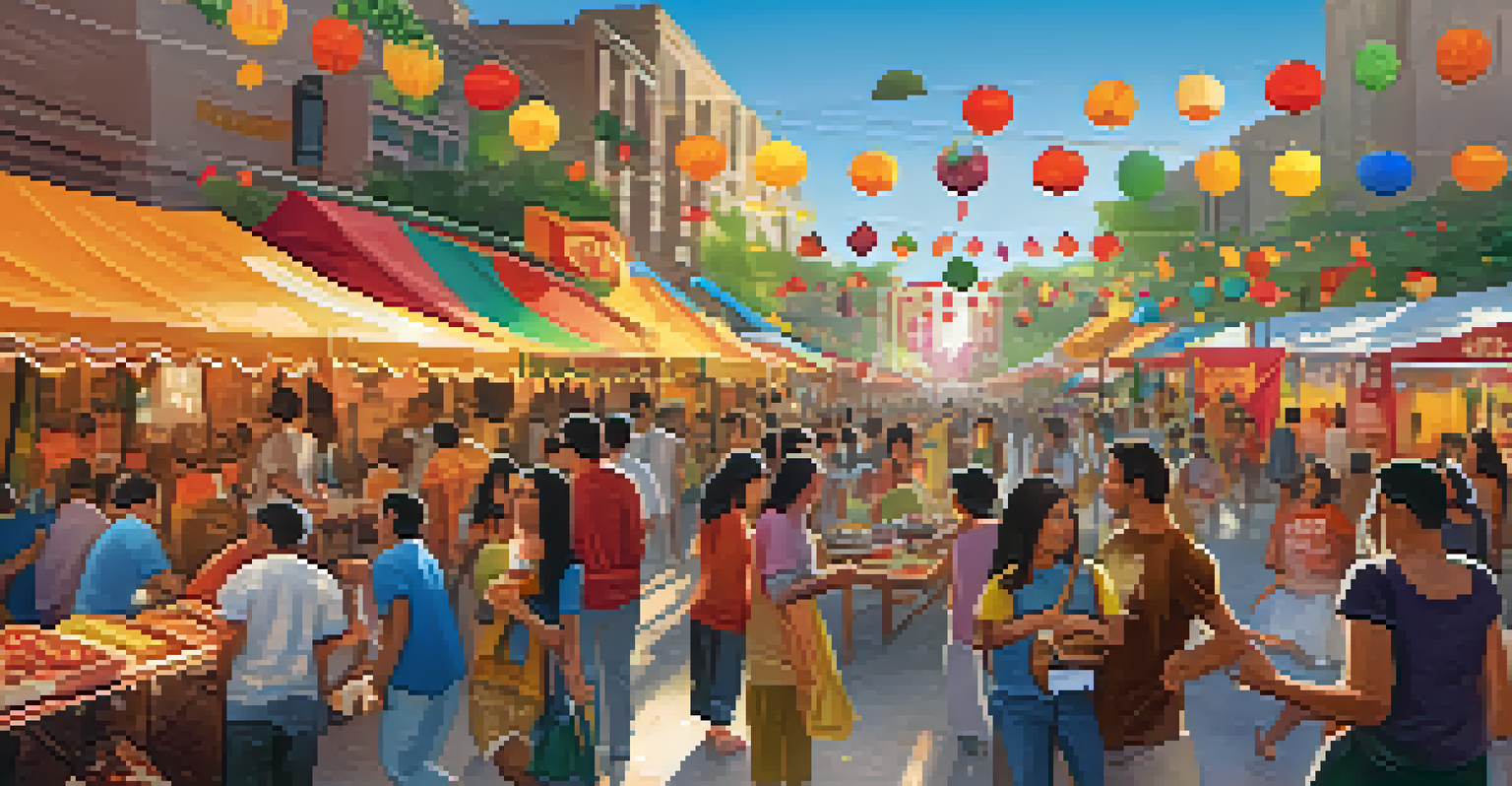A lively cultural festival in a city street, with food vendors, art displays, and diverse attendees enjoying the festivities under sunset light.