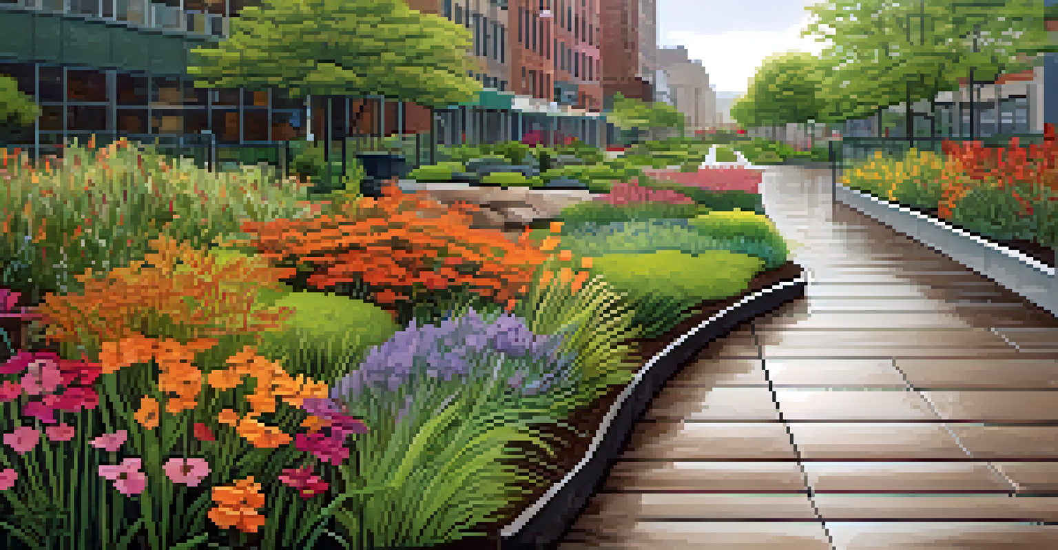 A close-up of a rain garden in New York City with colorful native plants and modern drainage systems under gentle raindrops.