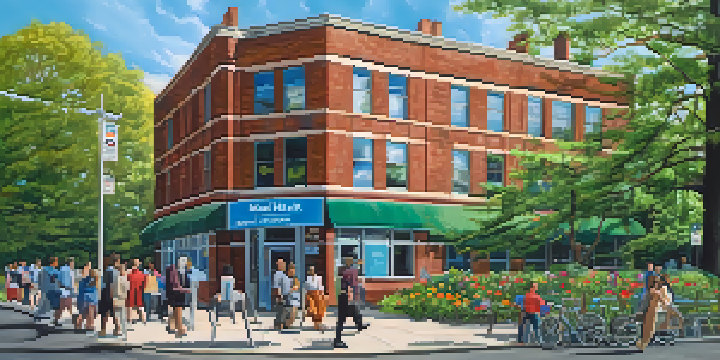 A community mental health clinic in NYC with diverse people entering and exiting, surrounded by greenery and a bright blue sky.