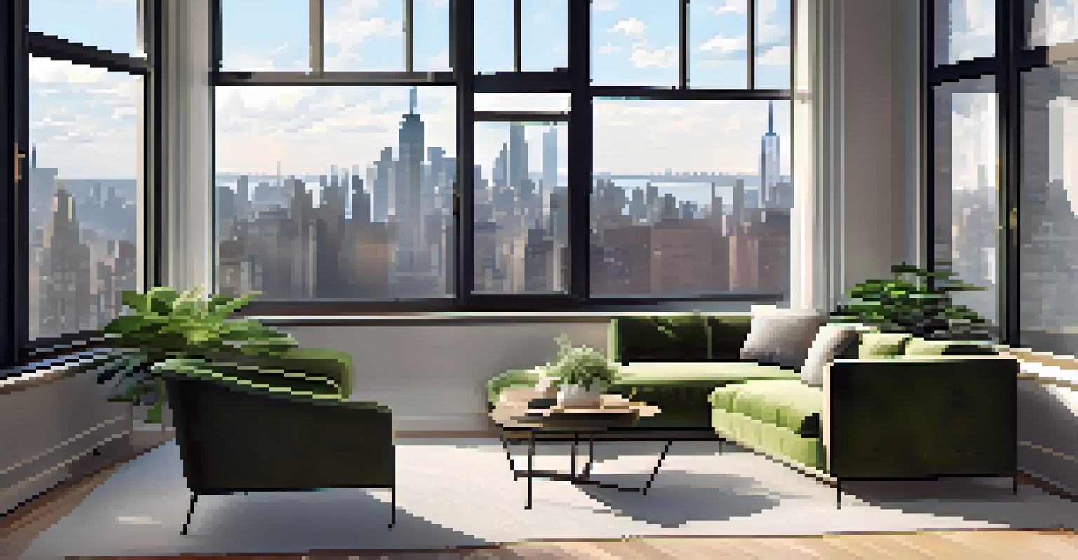 A modern New York City apartment interior with large windows showcasing a skyline view, decorated in a minimalist style with natural light.