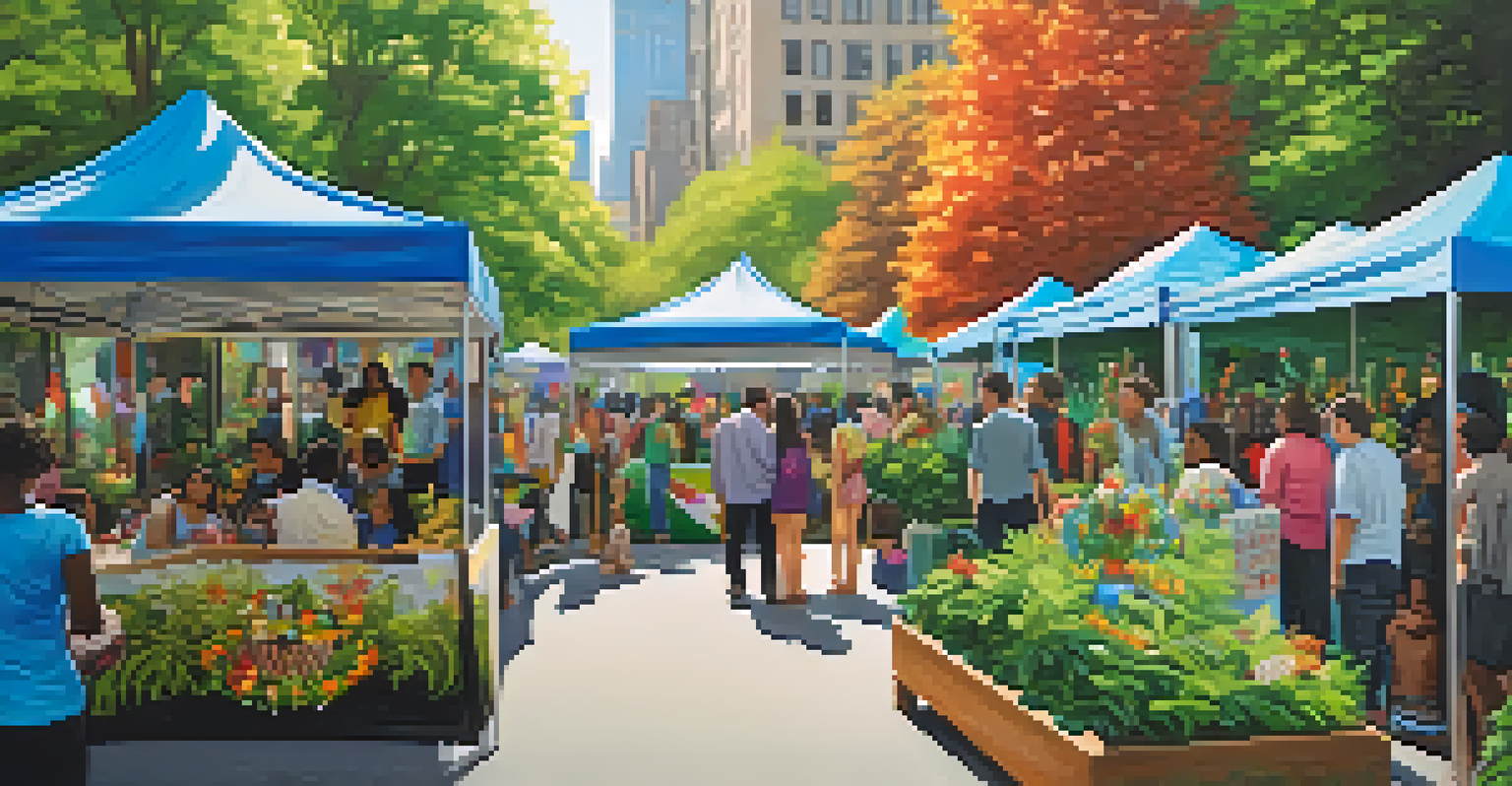 A community event in a park in New York City promoting refugee rights, with families and colorful decorations in a green setting.