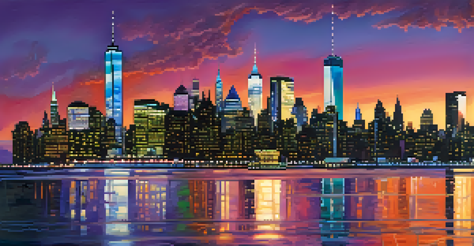 A panoramic view of Manhattan's skyline at twilight with colorful reflections in the Hudson River.
