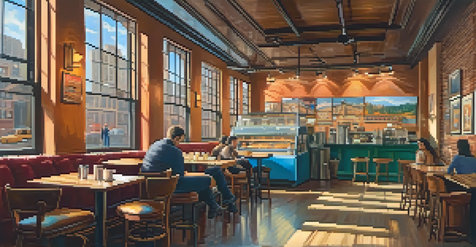 A colorful and cozy coffee shop in New York City with a barista making a latte and sunlight streaming through windows.