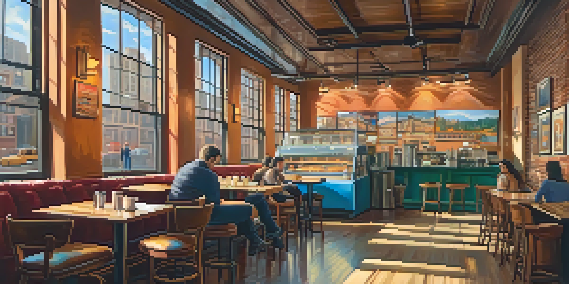 A colorful and cozy coffee shop in New York City with a barista making a latte and sunlight streaming through windows.