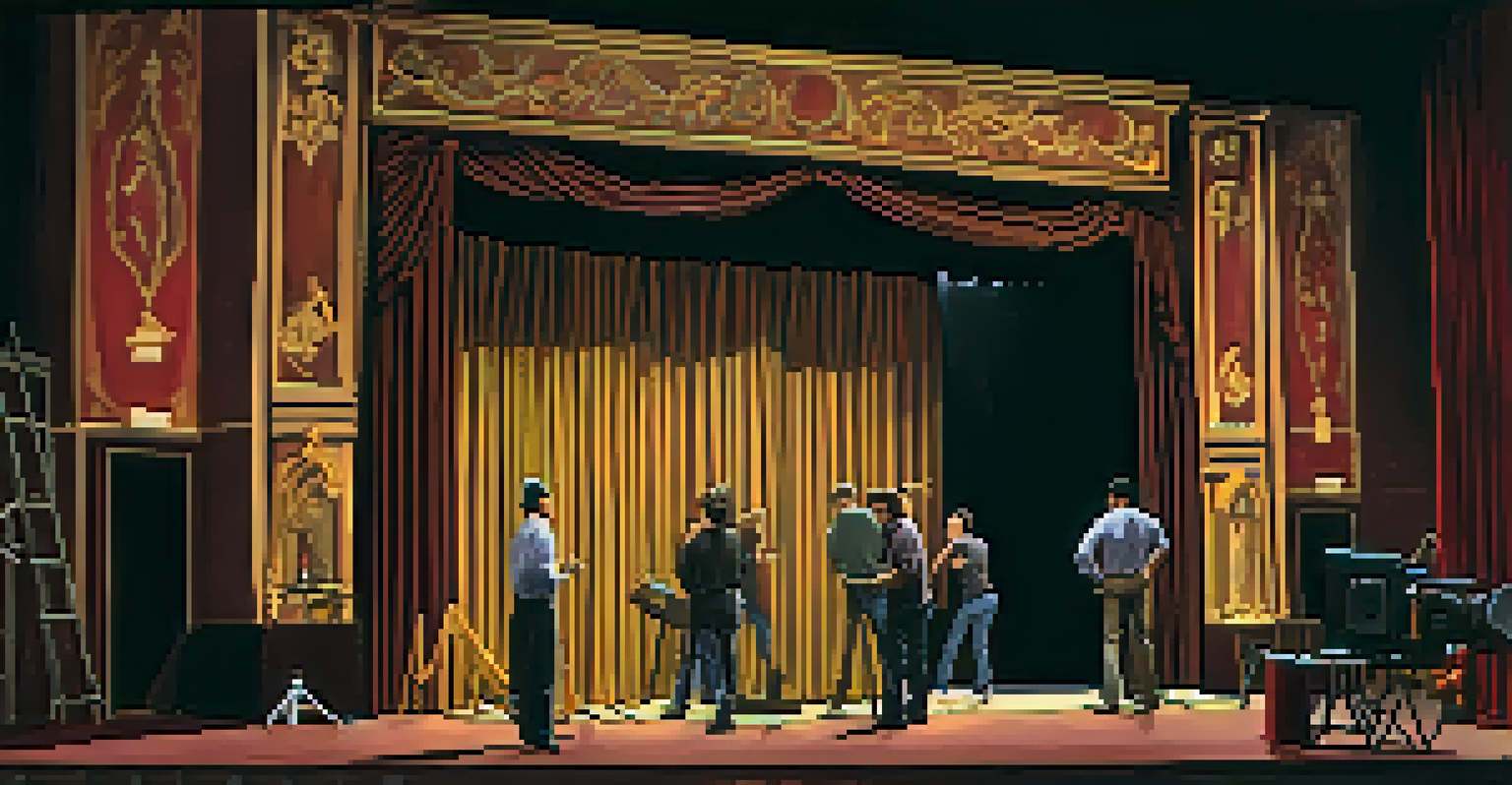 A film set in a New York theater with a director, crew, and actors preparing for a live performance, surrounded by props and stage curtains.