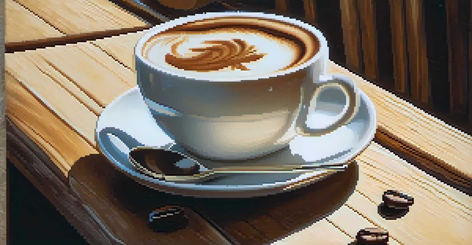 A close-up of latte art in a cup on a wooden table, surrounded by coffee beans and fresh flowers, captured in soft afternoon light.