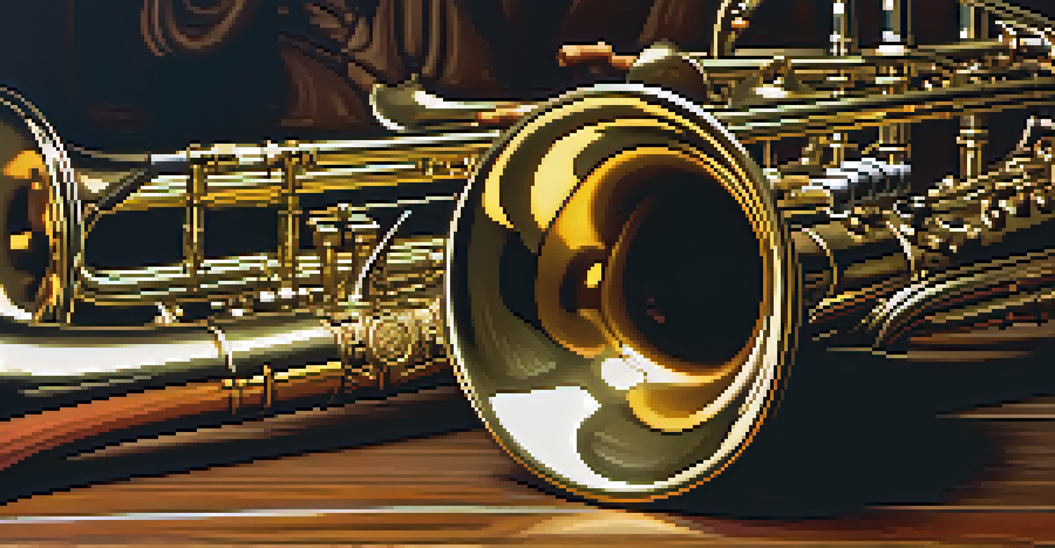 A close-up of a saxophone and a trumpet on a wooden table in a jazz club, with soft lighting emphasizing their textures.
