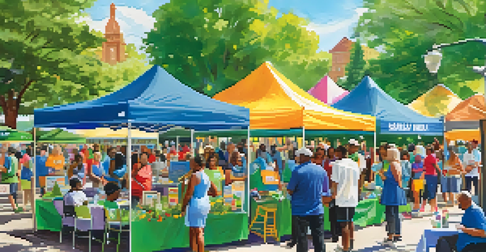 A lively health fair in a city park with diverse attendees interacting with healthcare professionals and colorful booths.