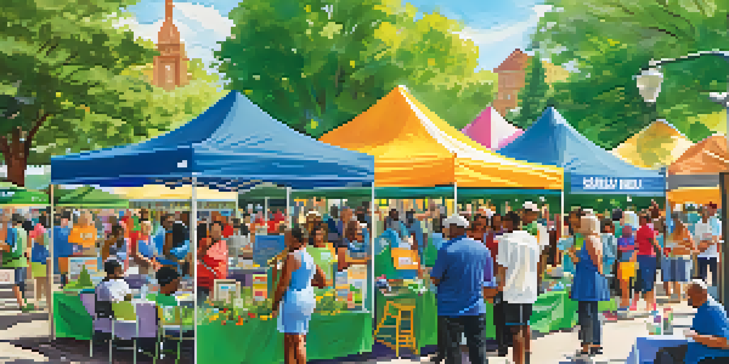 A lively health fair in a city park with diverse attendees interacting with healthcare professionals and colorful booths.
