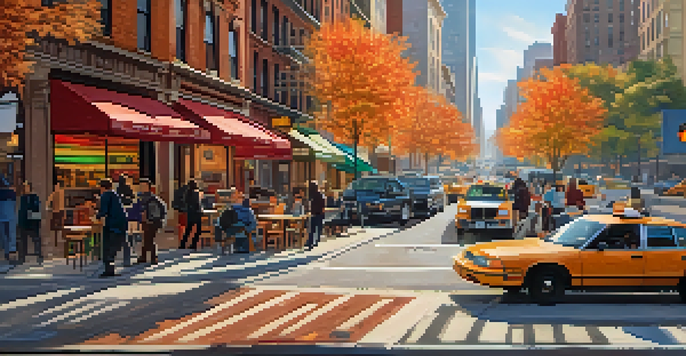A lively street in New York City with a graphic designer at a café, a musician playing guitar, and a rideshare driver in a car, capturing the essence of gig workers in a vibrant urban environment.