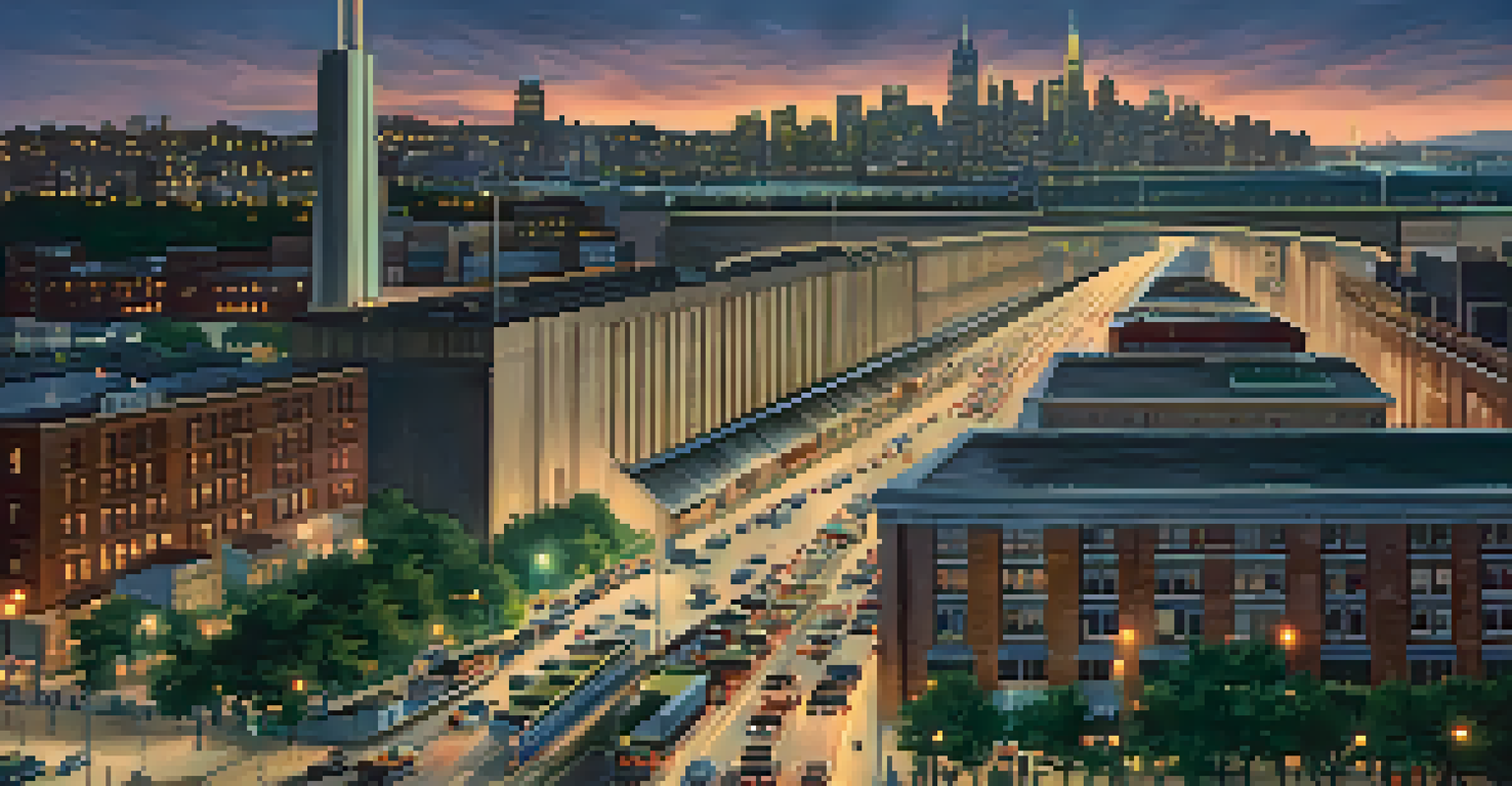 An aerial view of the Lincoln Tunnel entrance with cars entering at twilight.