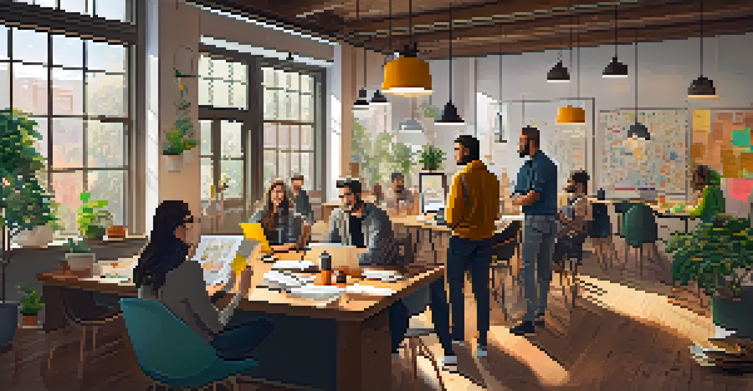A cozy co-working space with entrepreneurs brainstorming and sharing ideas over coffee in a collaborative atmosphere.