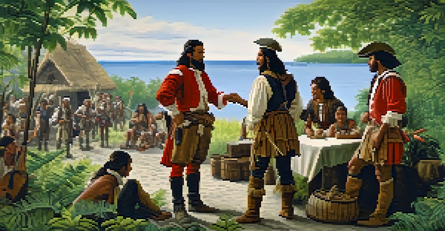 Peter Minuit negotiating the purchase of Manhattan Island with the Lenape, surrounded by greenery and historical attire.