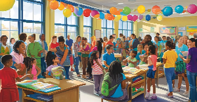 A diverse group of parents interacting with teachers in a colorful school open house setting, with children playing in the background.