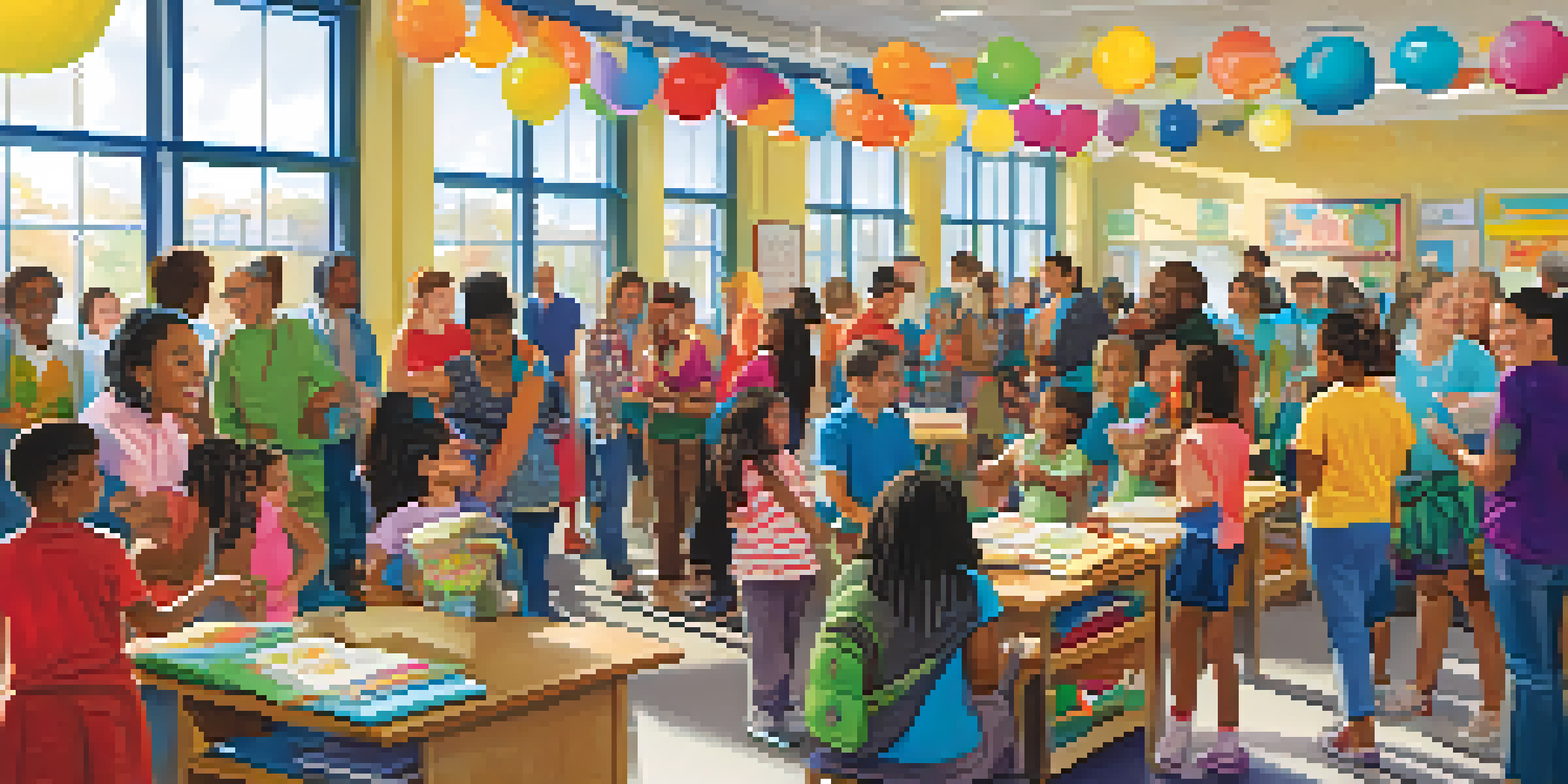 A diverse group of parents interacting with teachers in a colorful school open house setting, with children playing in the background.