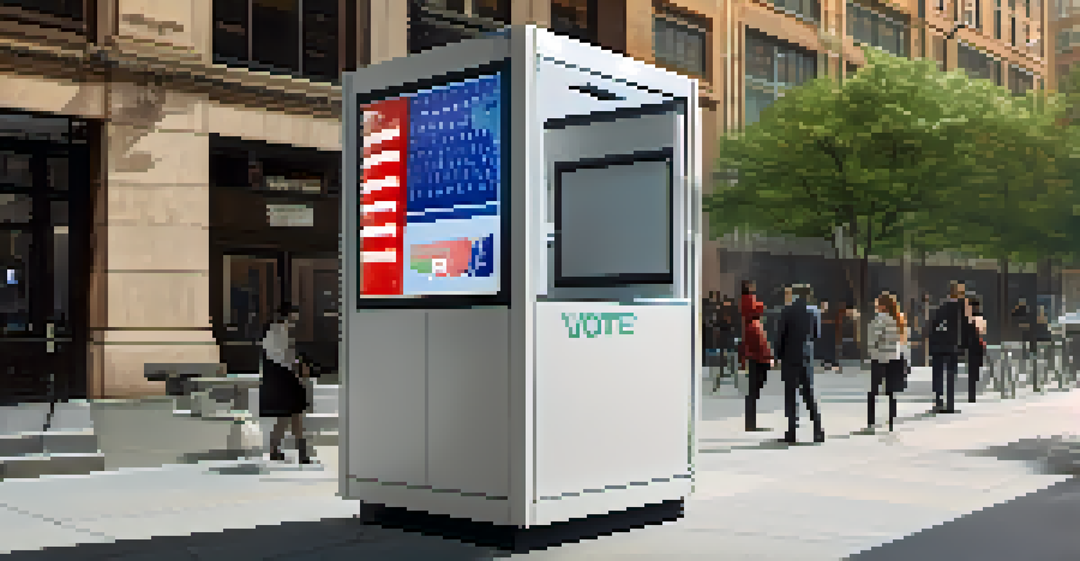 A modern, futuristic voting booth for online voting in a New York City setting, with diverse citizens engaging with the technology.