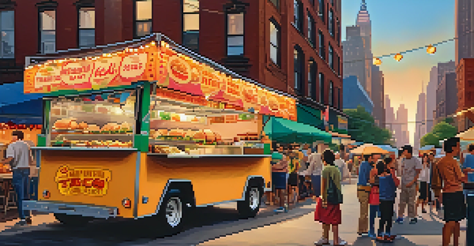 A lively street food scene in New York City with diverse people enjoying various international dishes from colorful food trucks under string lights.