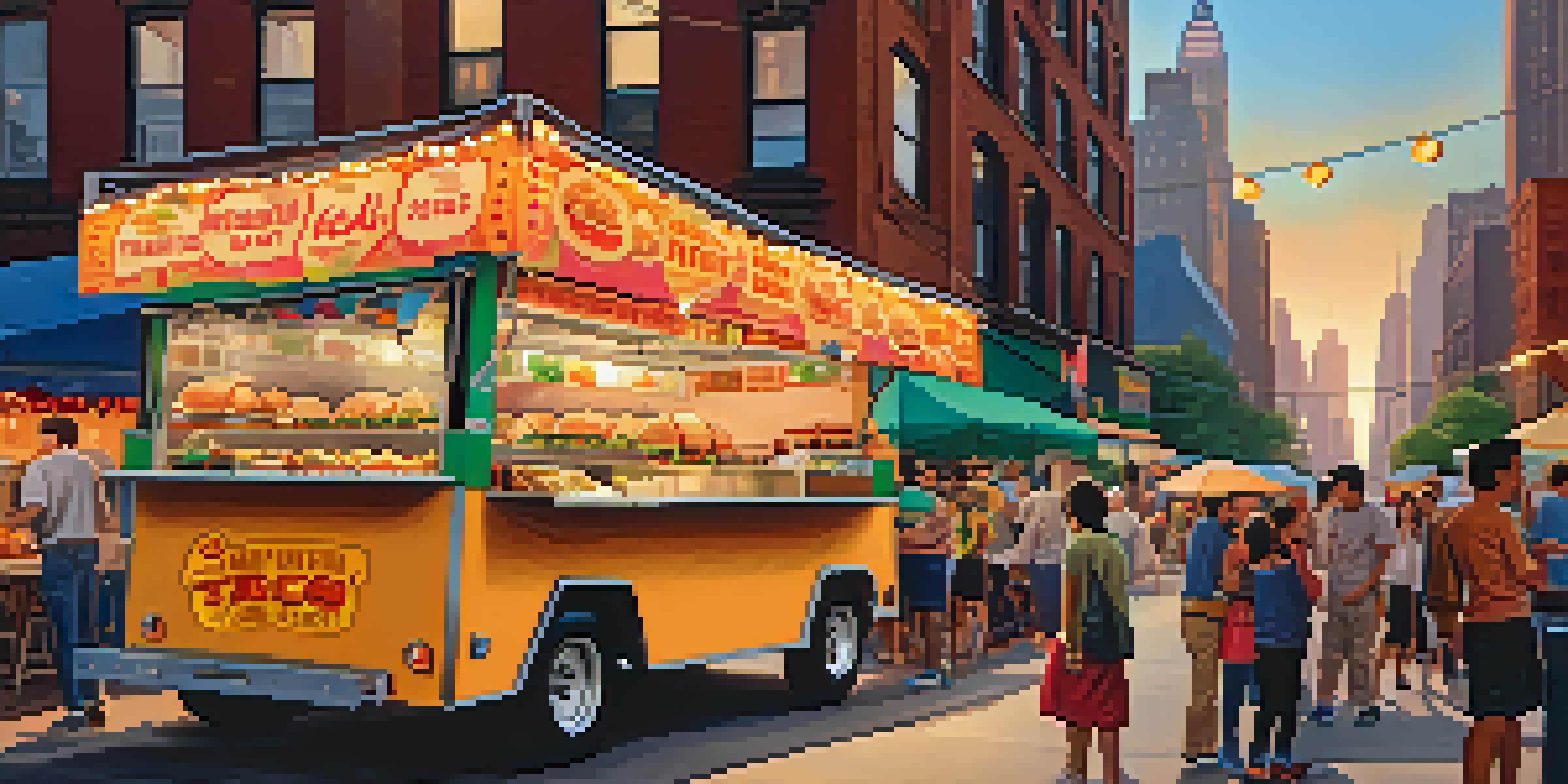 A lively street food scene in New York City with diverse people enjoying various international dishes from colorful food trucks under string lights.