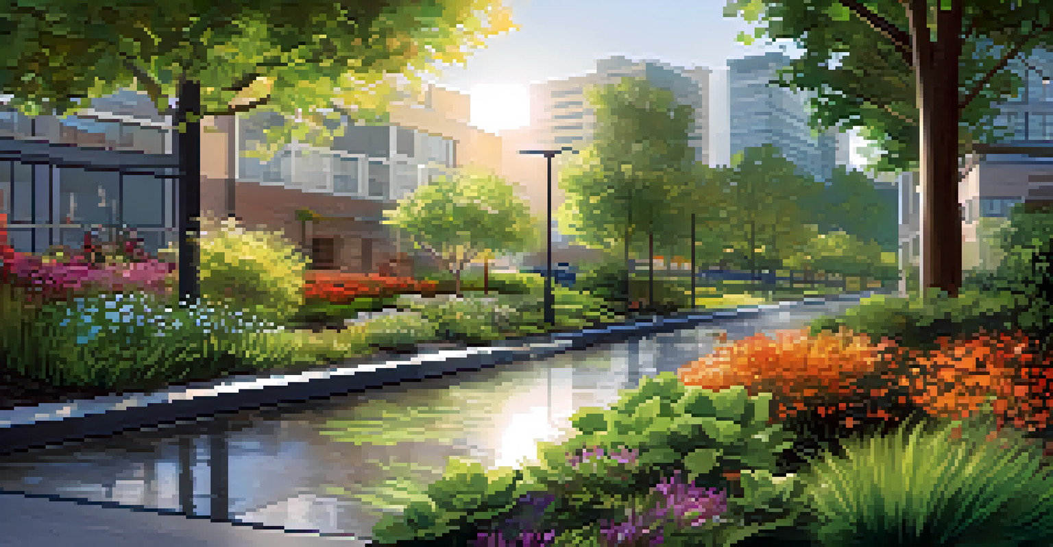 Close-up of a rain garden with colorful plants and flowers in an urban area, showcasing green infrastructure.