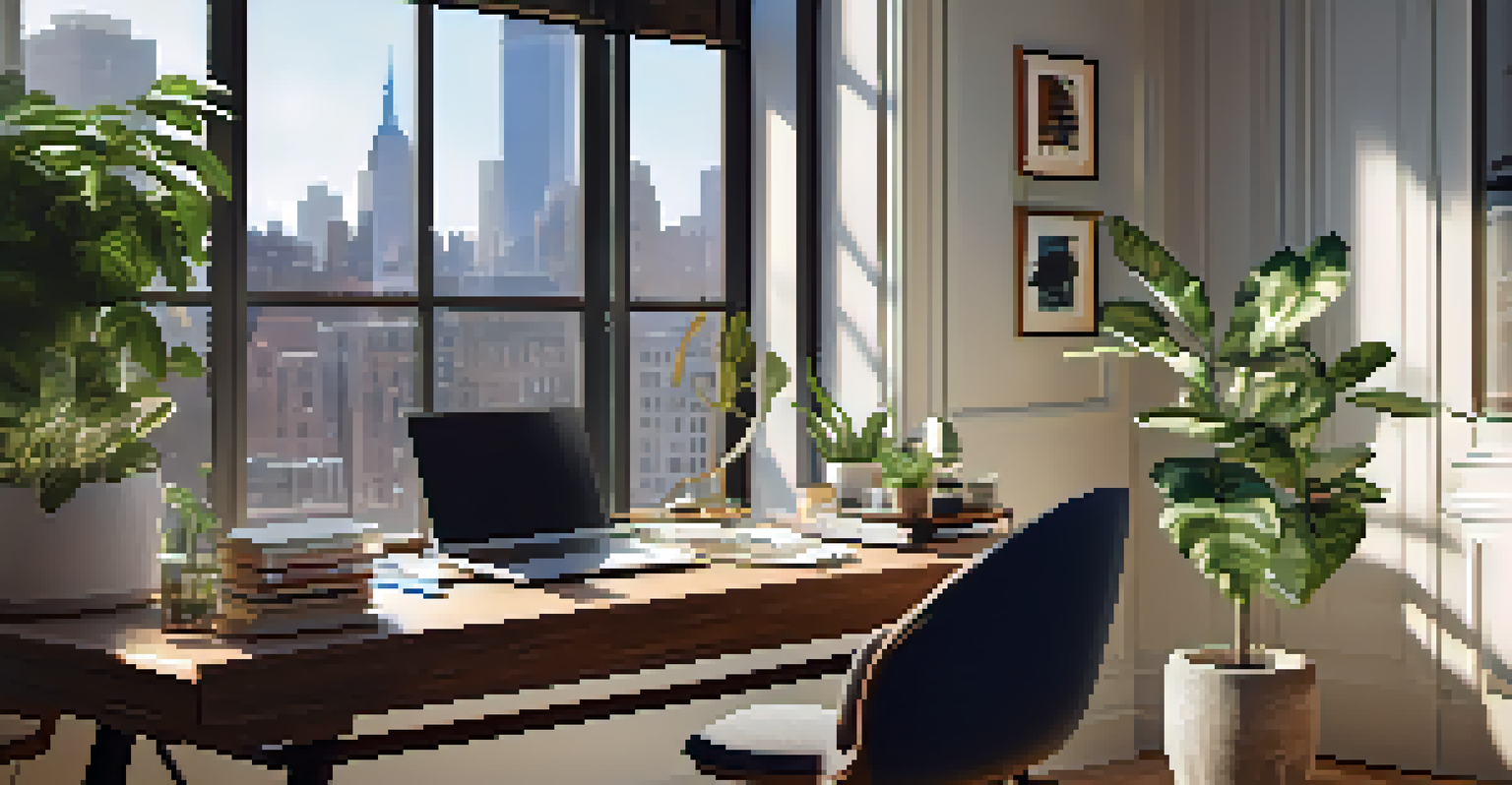 A cozy home office space in a New York City apartment with a desk, laptop, and decorative items.