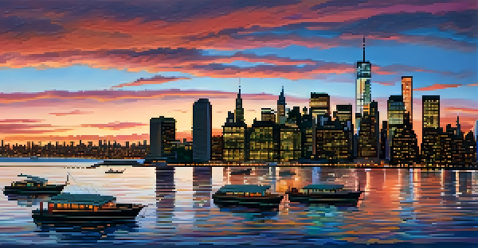 A sunset view of the New York City skyline with skyscrapers reflecting warm colors in the water.