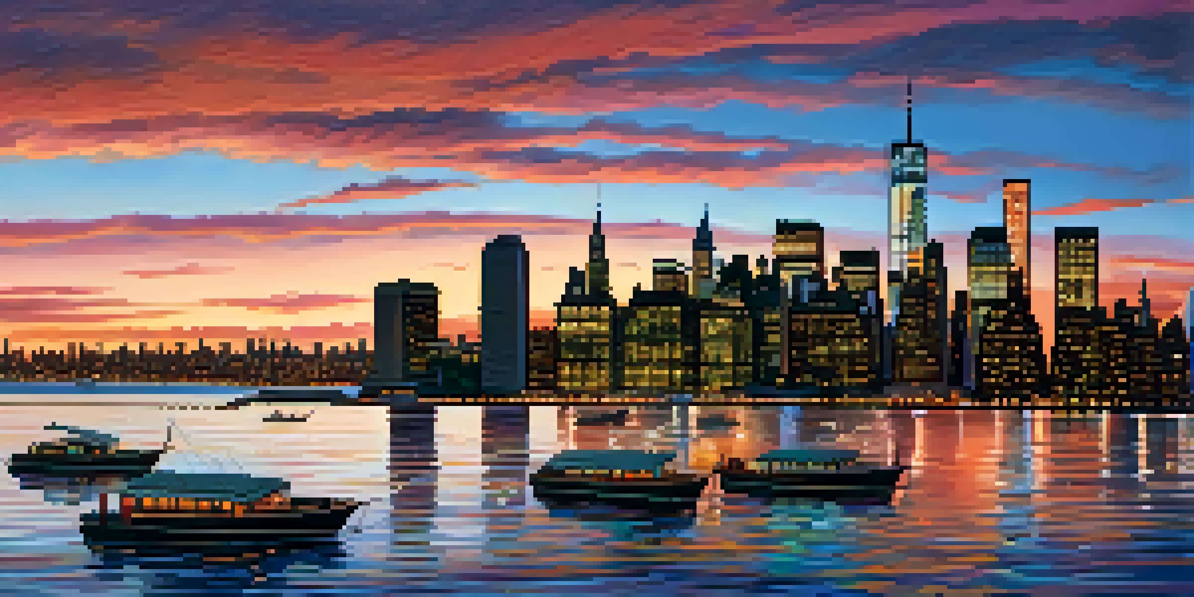 A sunset view of the New York City skyline with skyscrapers reflecting warm colors in the water.