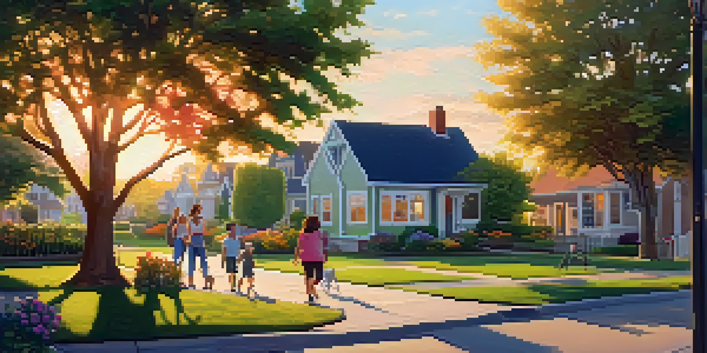 A peaceful suburban neighborhood with houses, gardens, and families enjoying outdoor activities at sunset.