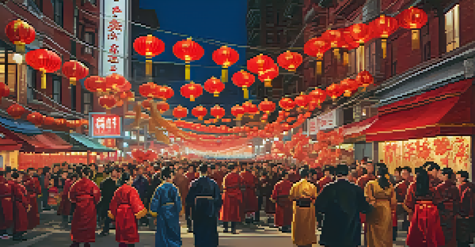 A vibrant Lunar New Year parade in Chinatown, New York City, with dancers in traditional costumes and colorful lanterns.