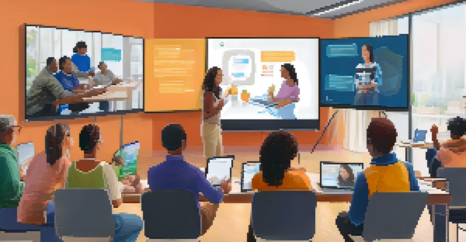 A virtual workshop with diverse participants engaged in digital learning, with a large screen displaying a presentation.