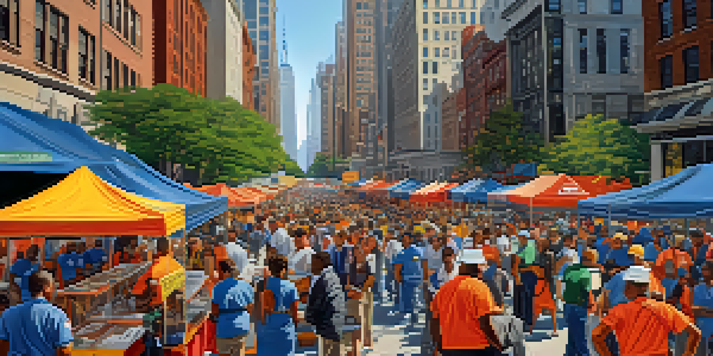 A lively community preparedness event in New York City with diverse residents interacting at informational booths and practicing emergency drills.