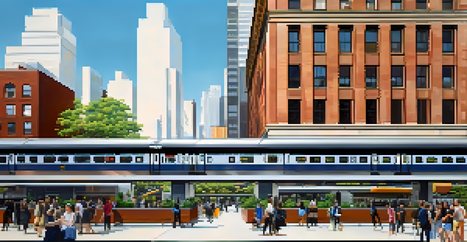 A modern elevated train station in New York City, featuring contemporary design and eco-friendly elements.