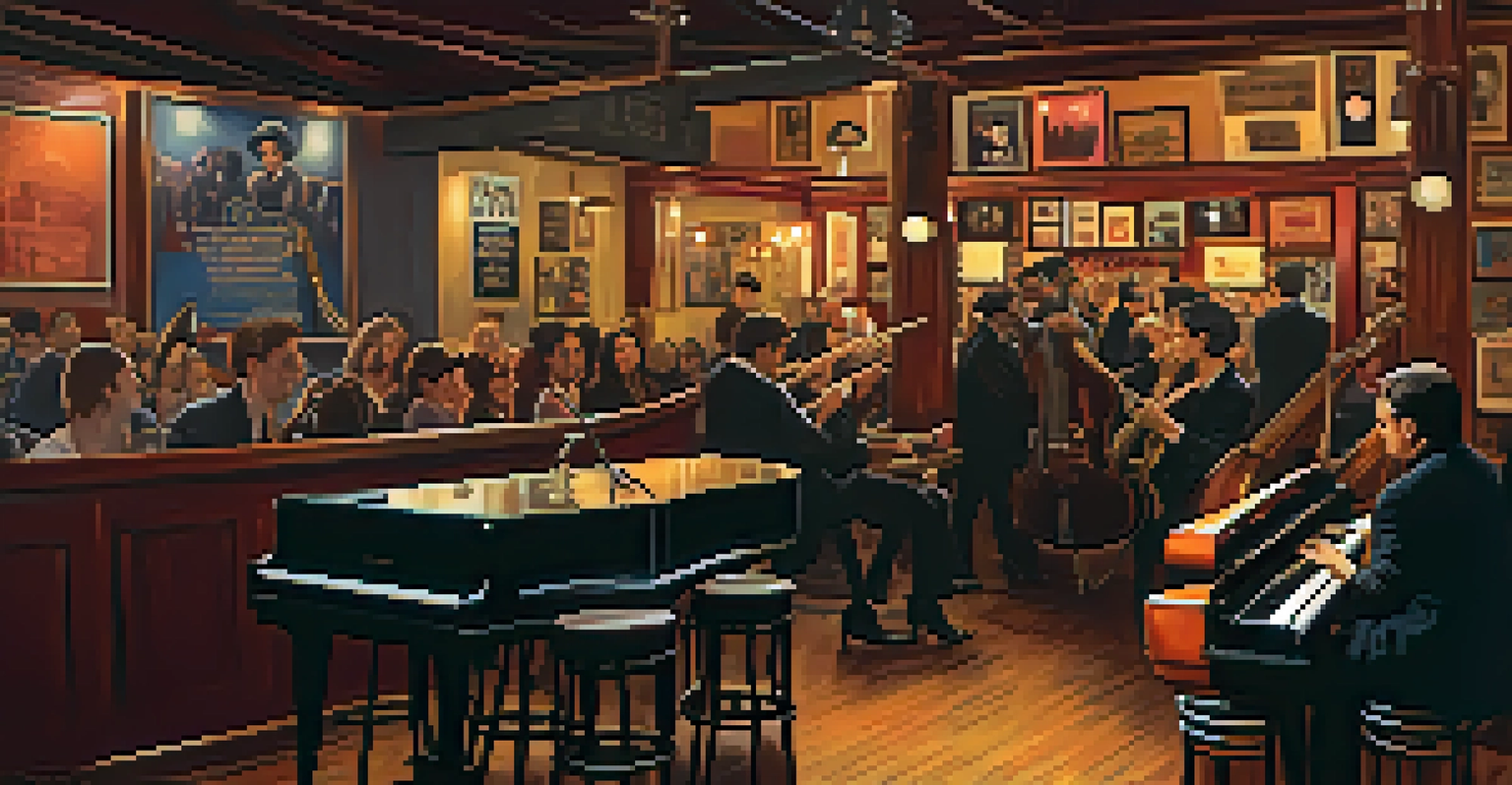 A cozy jazz bar with a live band performing, warm lighting, and an engaged audience enjoying the music.