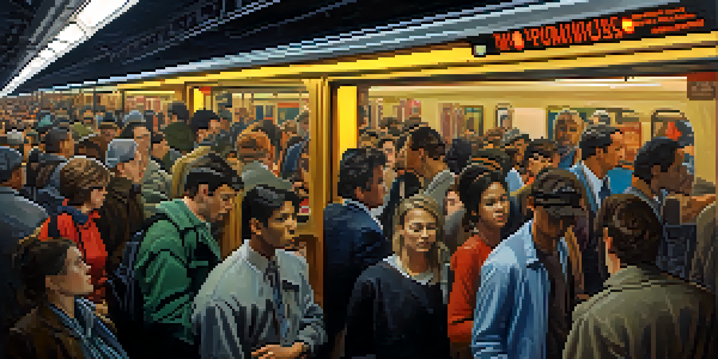 A crowded New York City subway platform with diverse commuters looking at their watches, surrounded by colorful advertisements and subway cars.