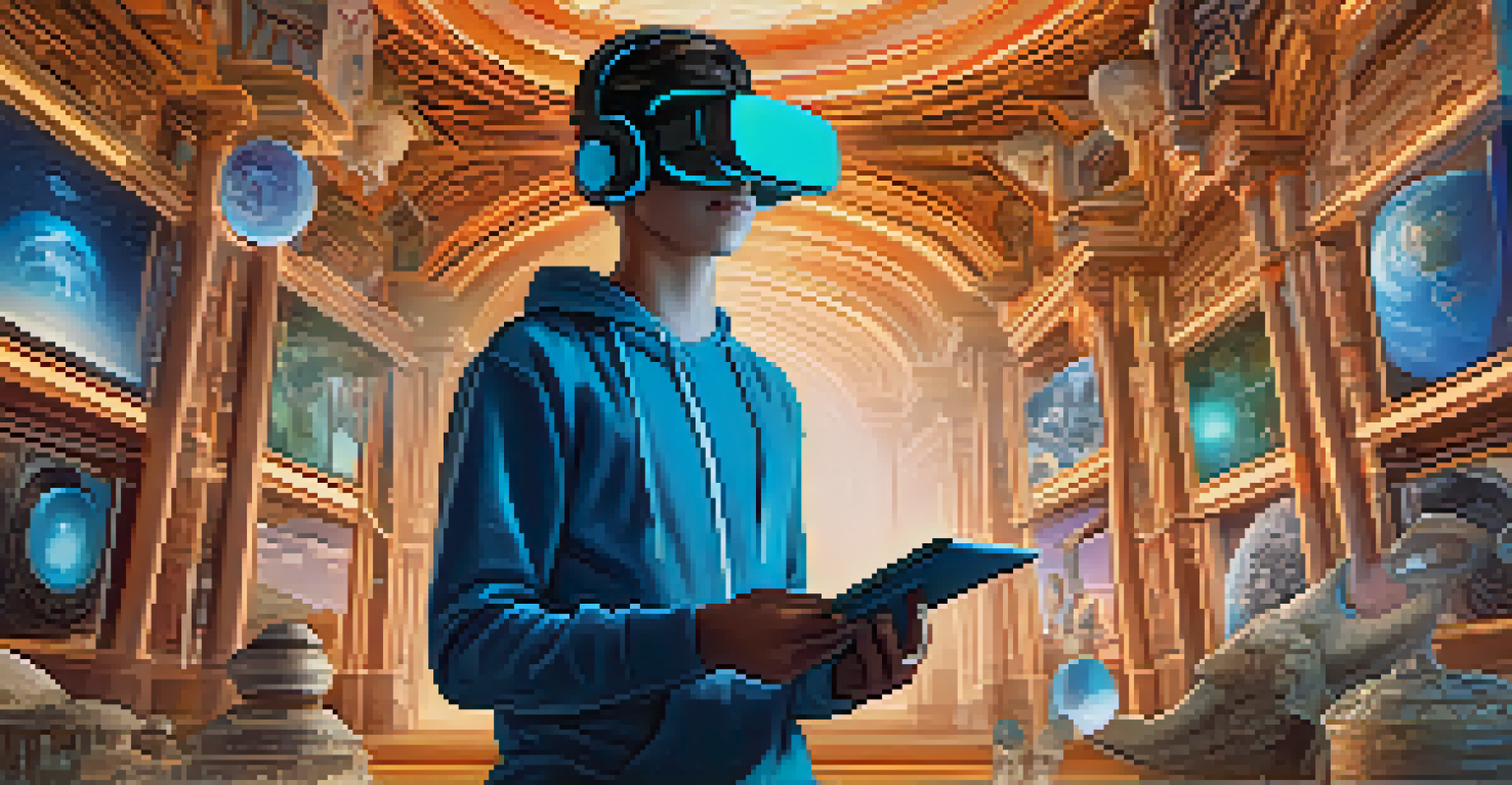 A student using a tablet to explore virtual reality, surrounded by digital images of ancient civilizations and scientific concepts.