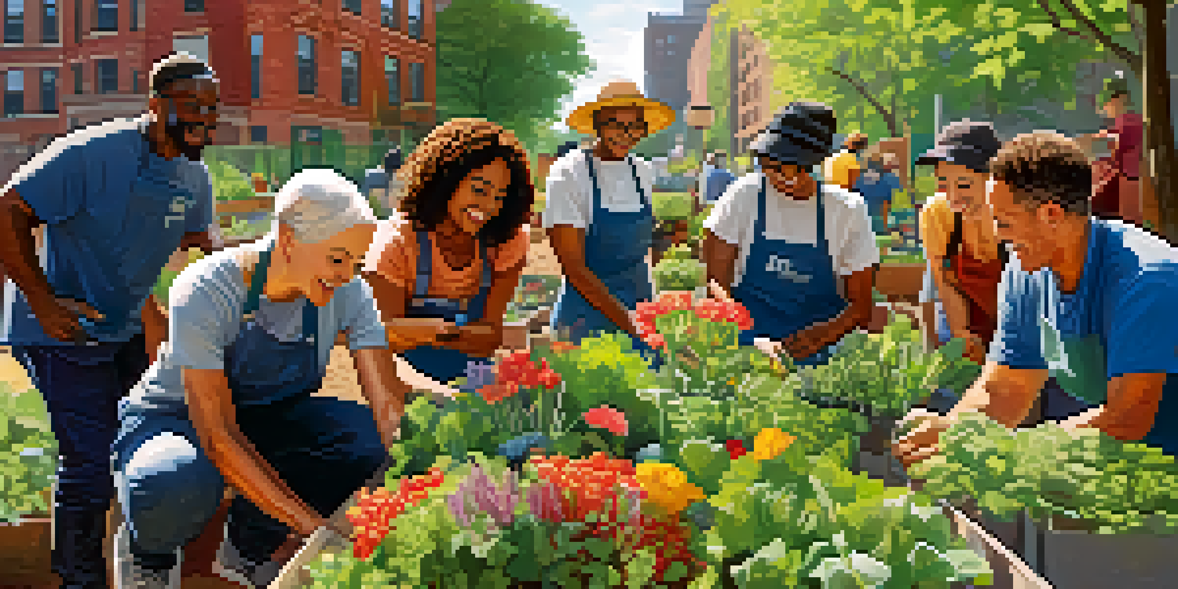 A group of diverse volunteers collaborating in a community garden, planting seeds and watering plants under the sun.