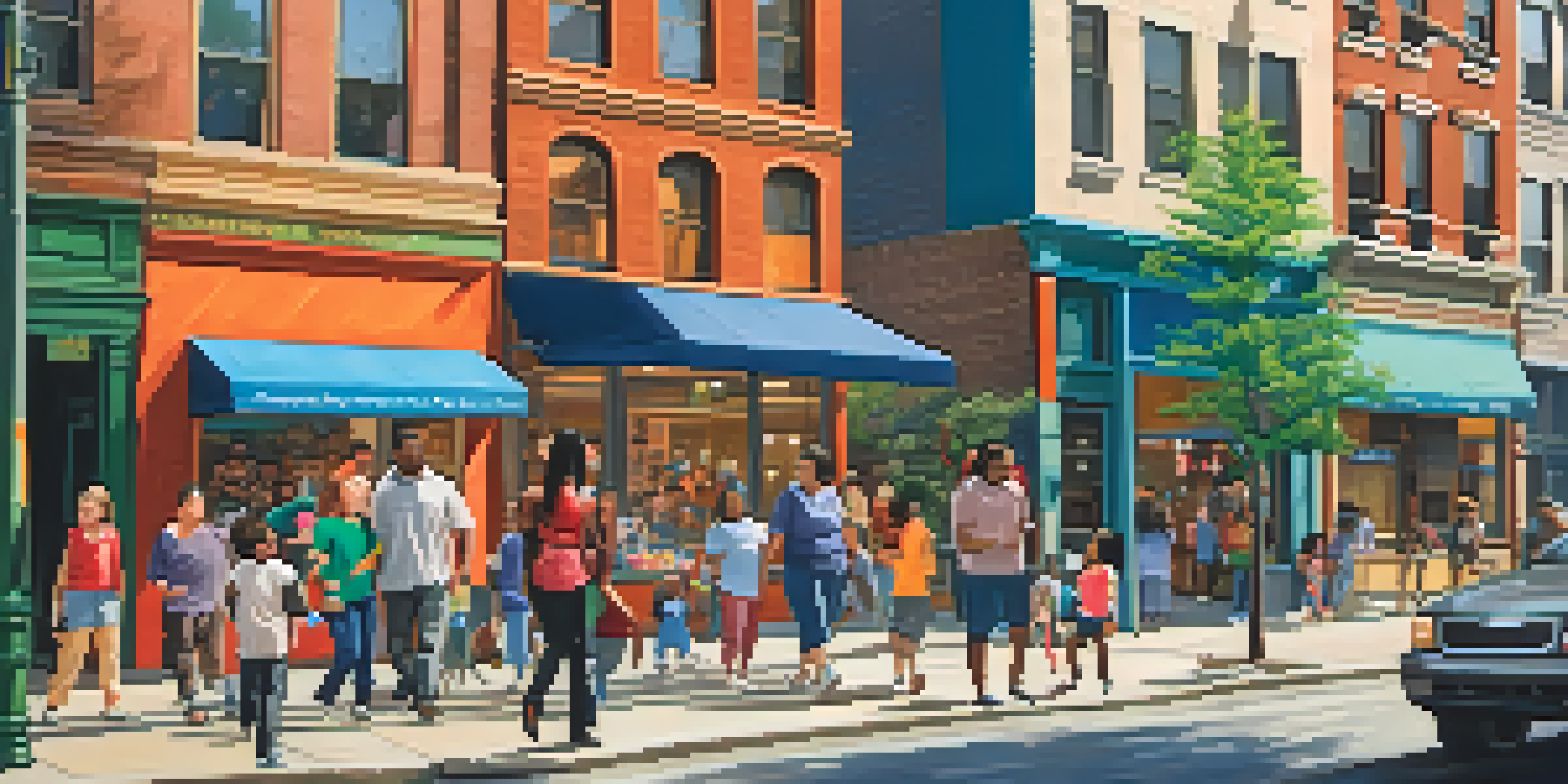 A busy New York City street featuring parents with children who have special needs interacting with community support representatives, surrounded by colorful storefronts and tall buildings.