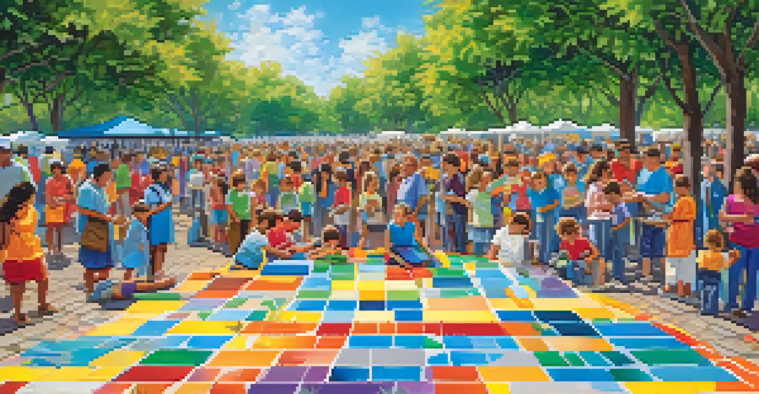Families and children engaging in a community art event in a park, creating a large mosaic sculpture with colorful tiles under a blue sky.