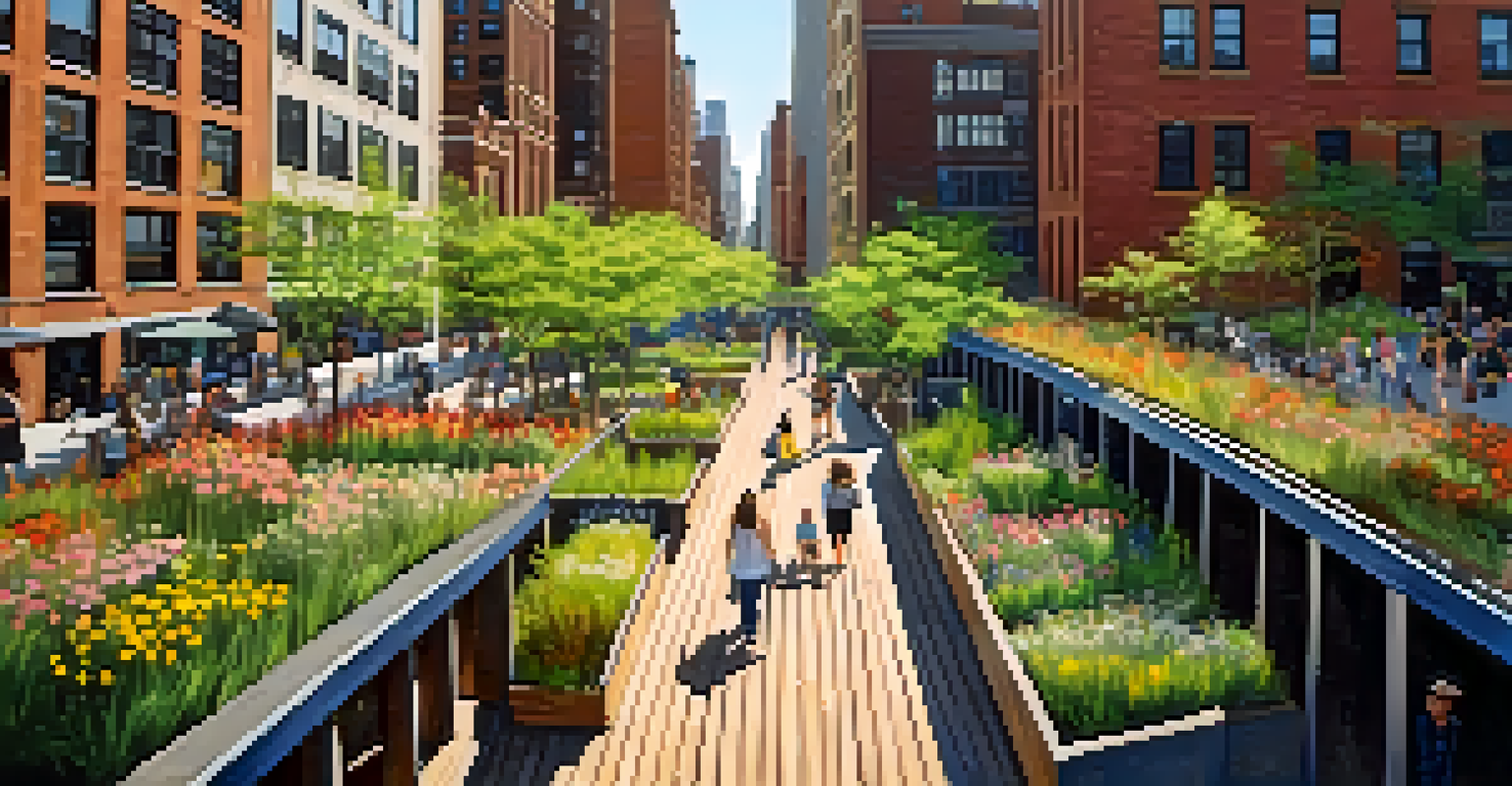 Aerial view of the High Line park in New York City, showcasing people enjoying the space with blooming flowers and art installations against an urban backdrop.
