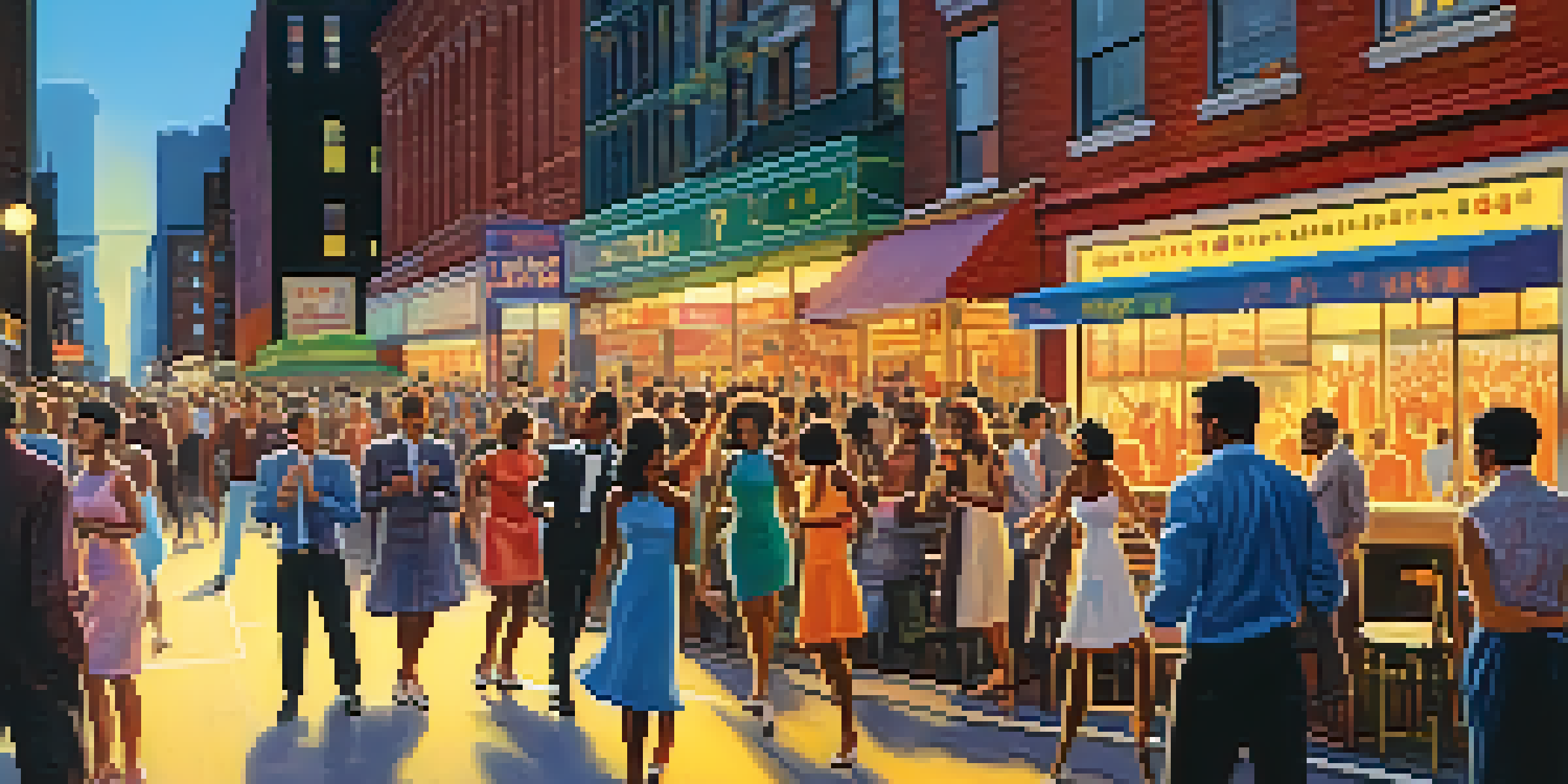 A lively 1960s New York City street scene with people dancing to Motown music, colorful storefronts, and a live band.